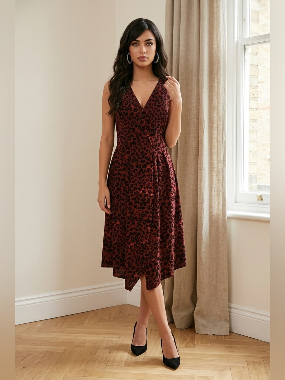 beach lunch lounge dresses beachlunchlounge | | Sz M Leopard Print Hanky Hem Midi Dress Faux Wrap Aline Size:L - Bust 40-46